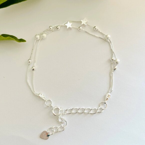 925 Sterling Silver Double Star and Bead Charm Bracelet - Picture 2 of 7